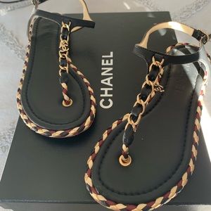 Chanel Black Braided Gold CC Logo Chain Sandal